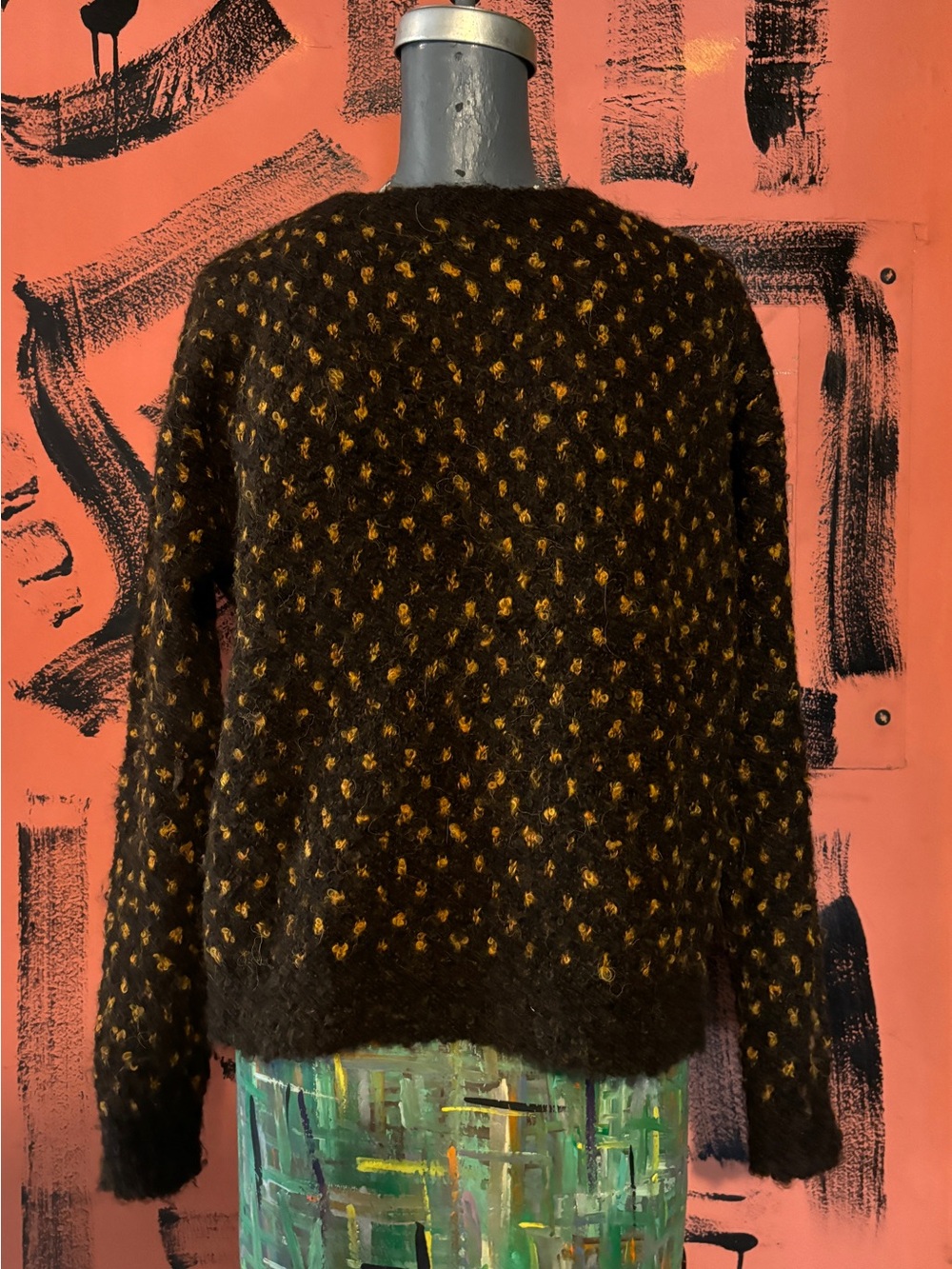 Cozy Black & Mustard Dotted Fuzzy Sweater
